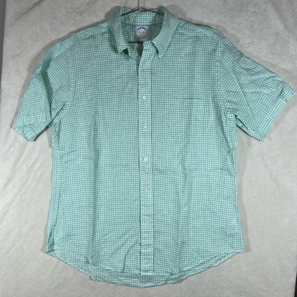 Brooks Brothers Size Medium Regent 100% Irish Linen Mint Checkered Casual Shirt - Picture 1 of 9